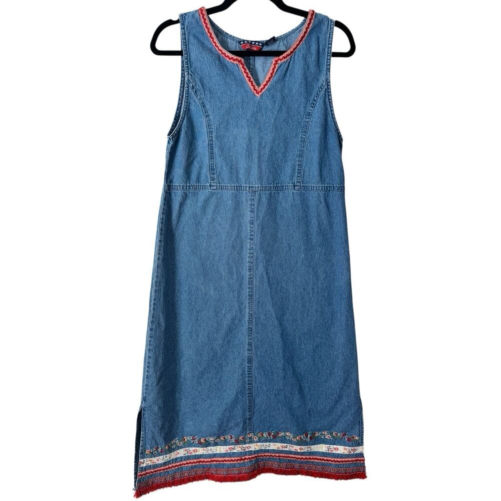 Agapo Vintage Blue Denim Floral Embroidered Midi Dress Size Small Petite